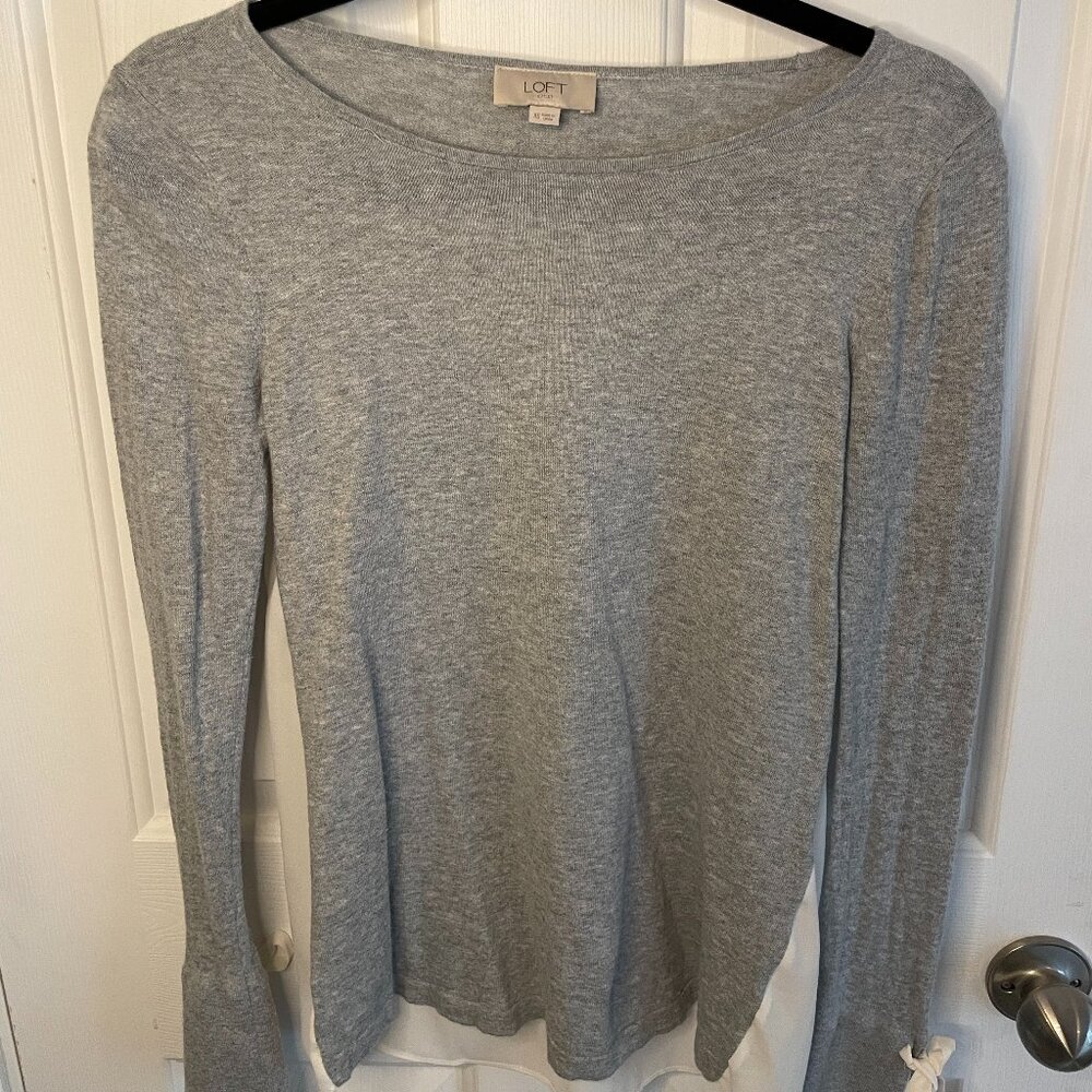 Gray Loft Sweater with a beige chiffon back and tie sleeves Size XS